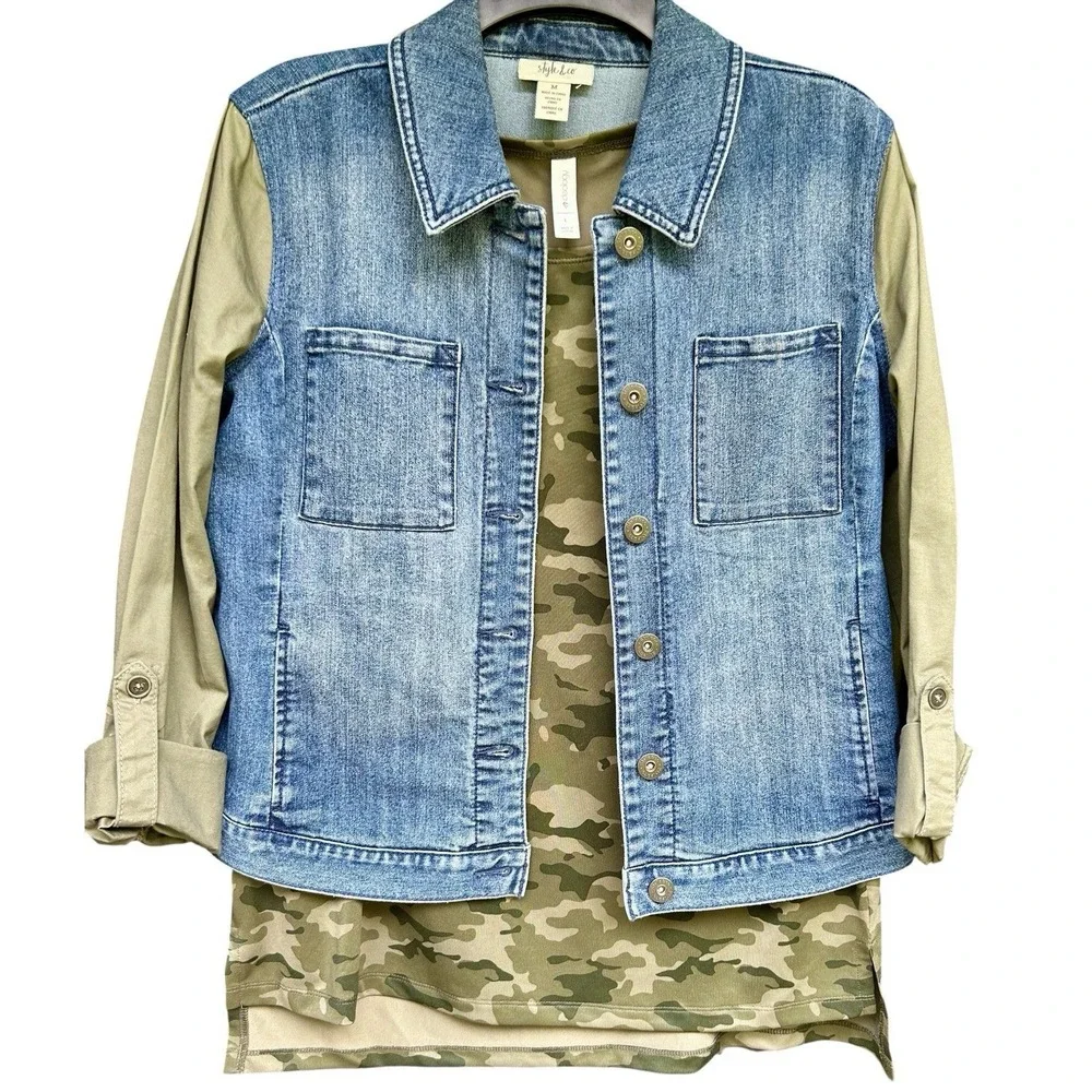 Style & Co Denim Jacket M Camo Top L NWT 2 Pc Outfit Bundle Casual Utility - Picture 3 of 13